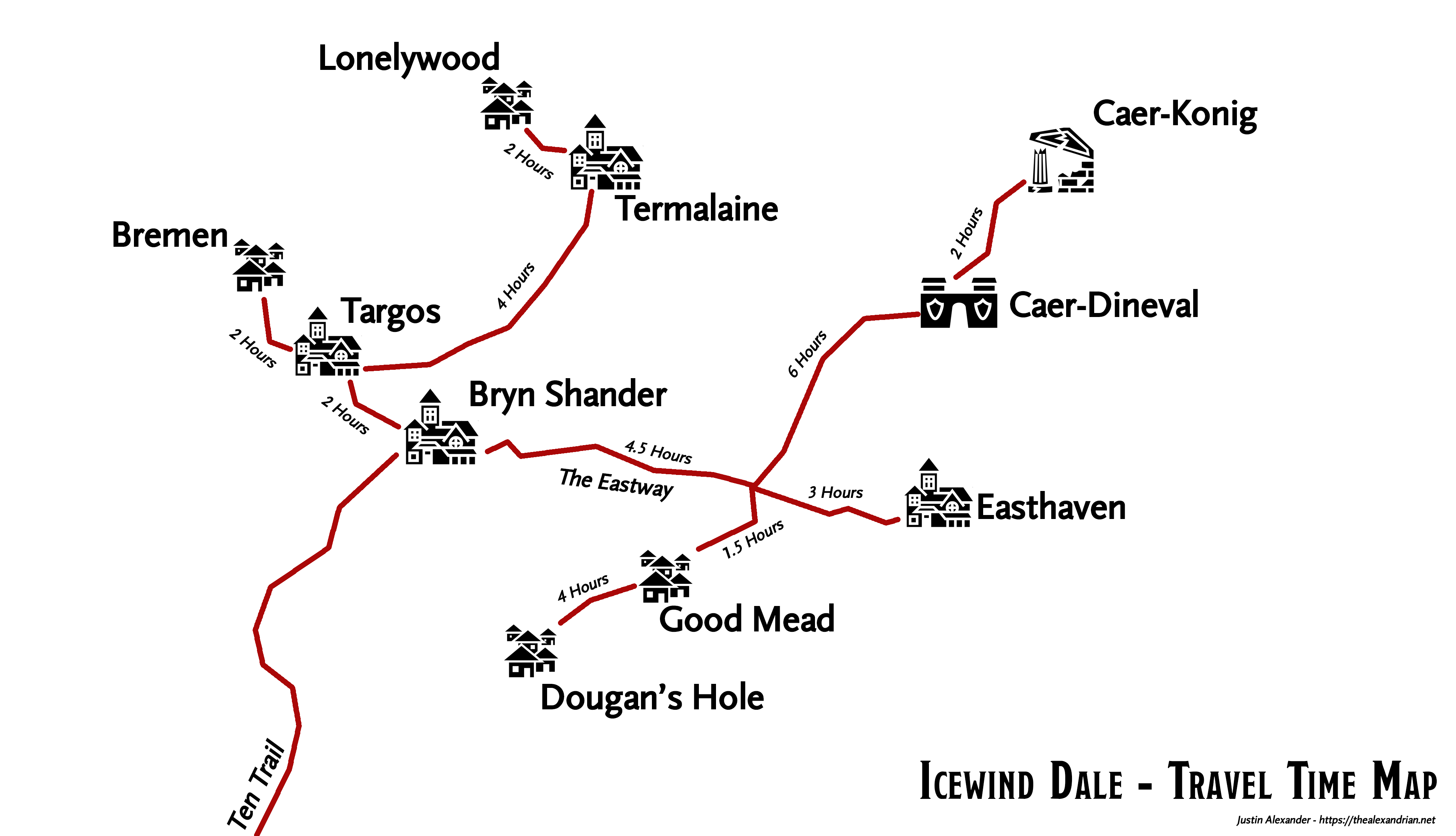 A map of travel times in Icewind Dale